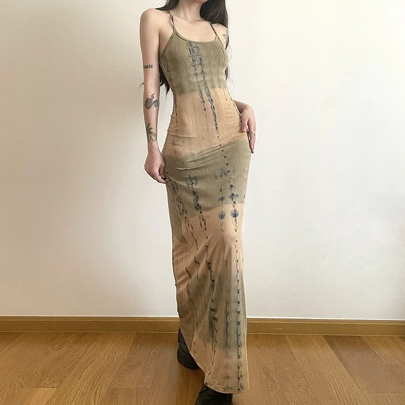 

New Summer Punk Gothic Women Khaki Sexy Deep O-neck Dress Elegant Fashion Print High Waist Sling Dress