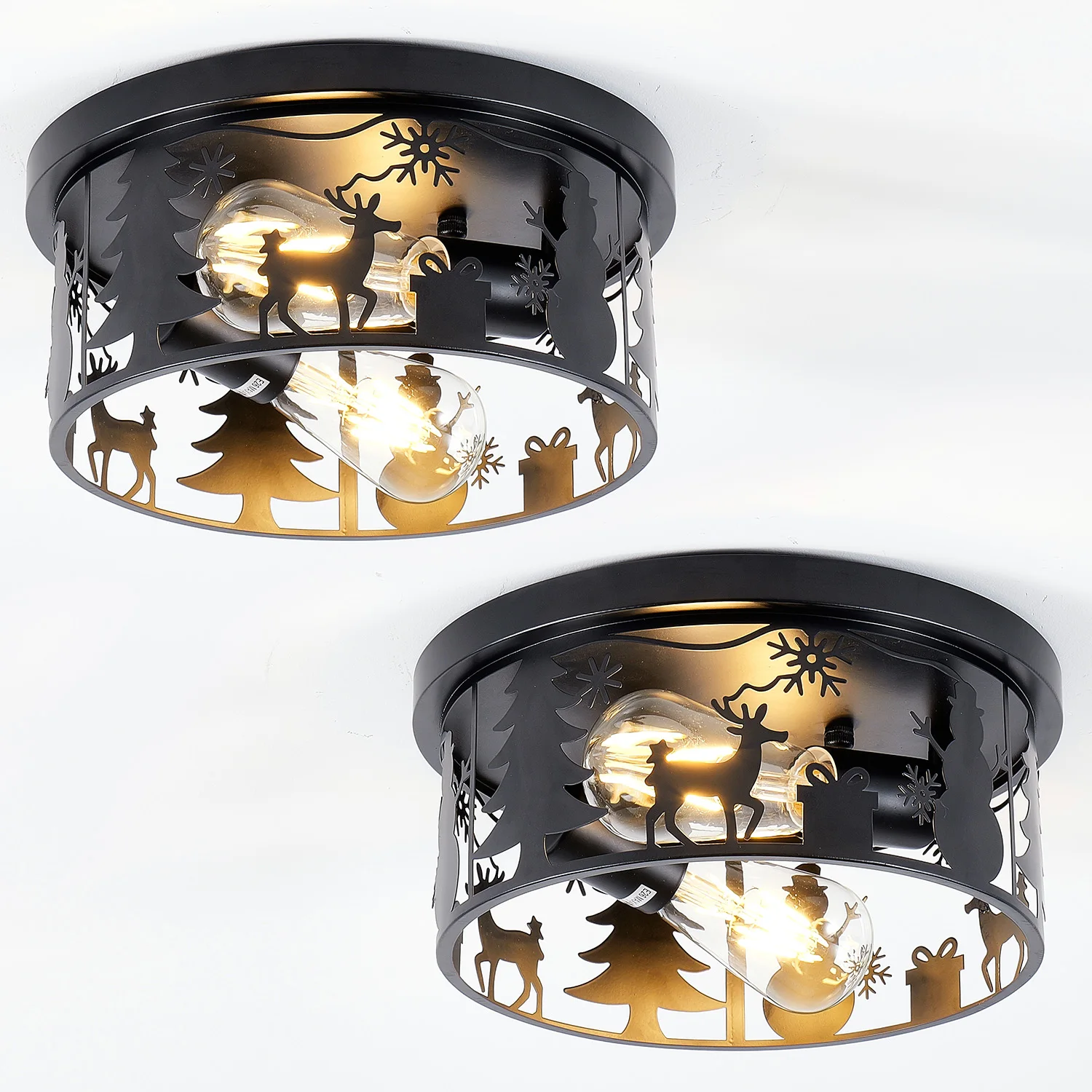 Christmas Flush Mount Ceiling Light Black Metal Hollow Lamp Shade Deer Snowman Xmas Tree Silhouette, E26 Base 110V, Indoor Decor Ceiling Lamp for Porch Bedroom Living Room Holiday Decoration