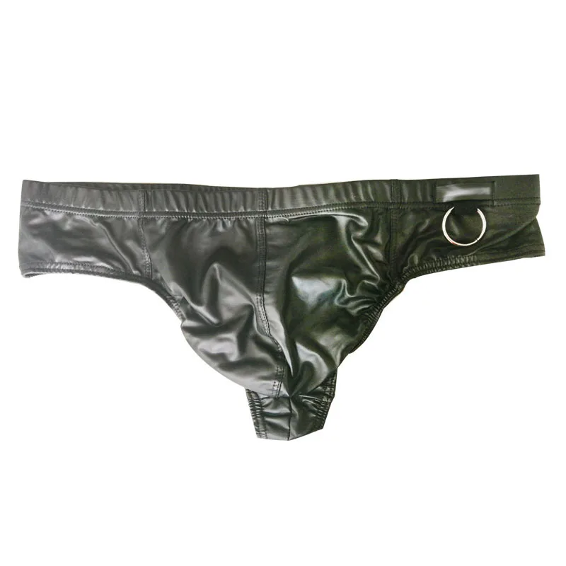 

New Sexy Men Black Faux Leather Cock Ring Boxer U Convex Pouch Shiny Boxers PU Sexy Underwear Sheathy Male Stage Gay Wear