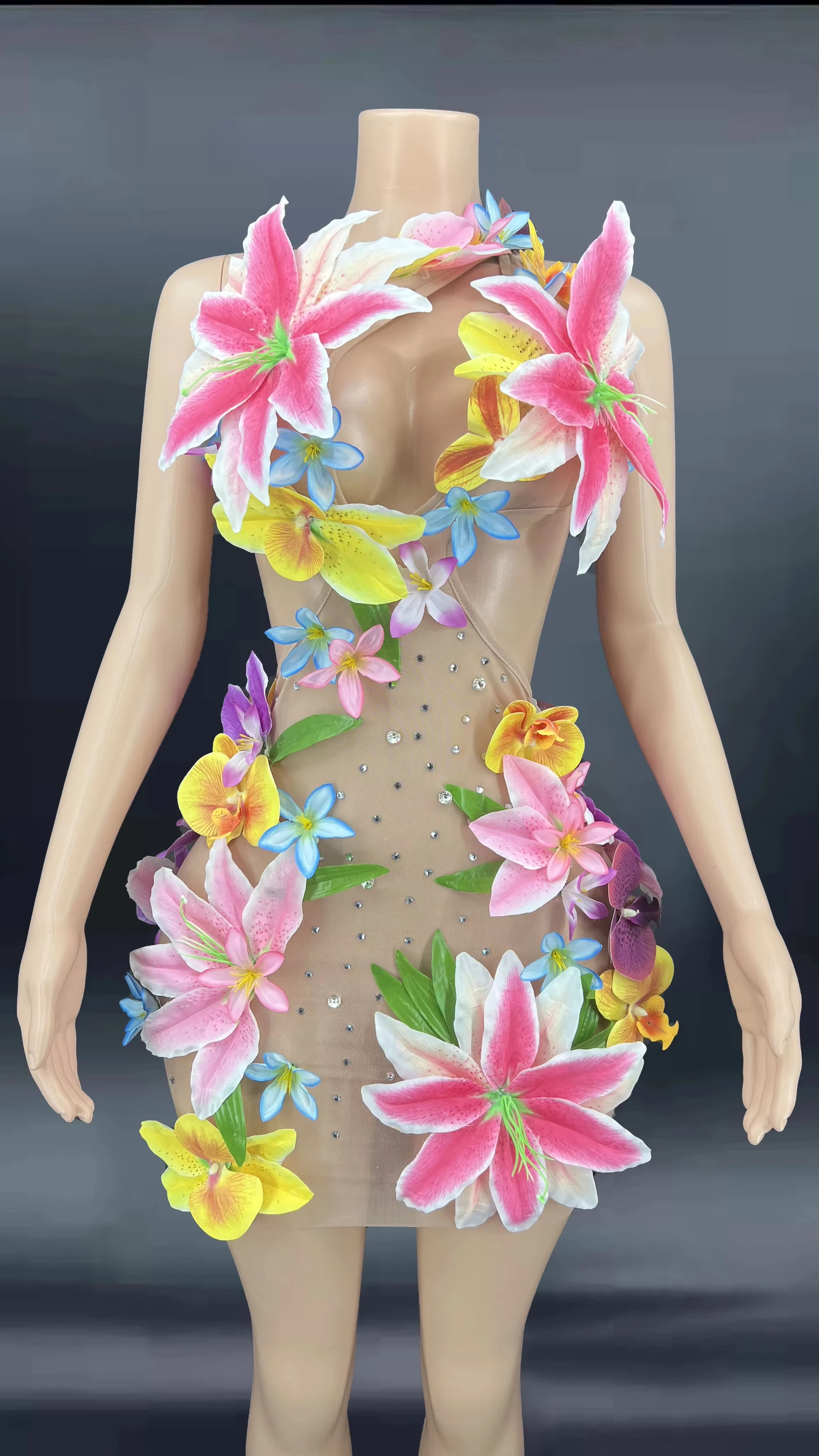 ZD Stage Platform for Music Performance One Shoulder Sheer Transparent Slim Fit Long Dress With Crystal