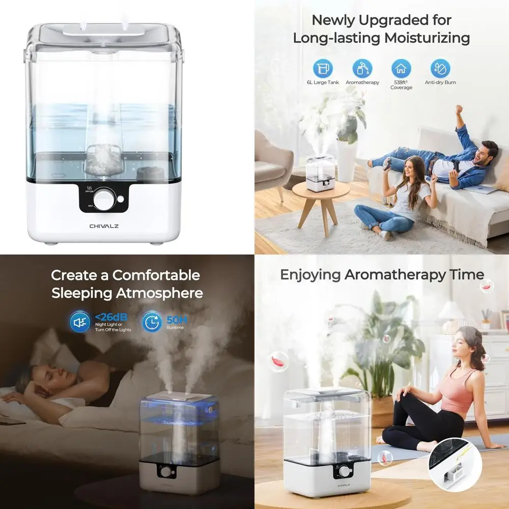 

Увлажнитель воздуха с холодным туманом 6 л для детской комнаты, ультратихий (26 дБ), 50 часов работы, верхняя заливка, ночник, диффузор для масел, белый