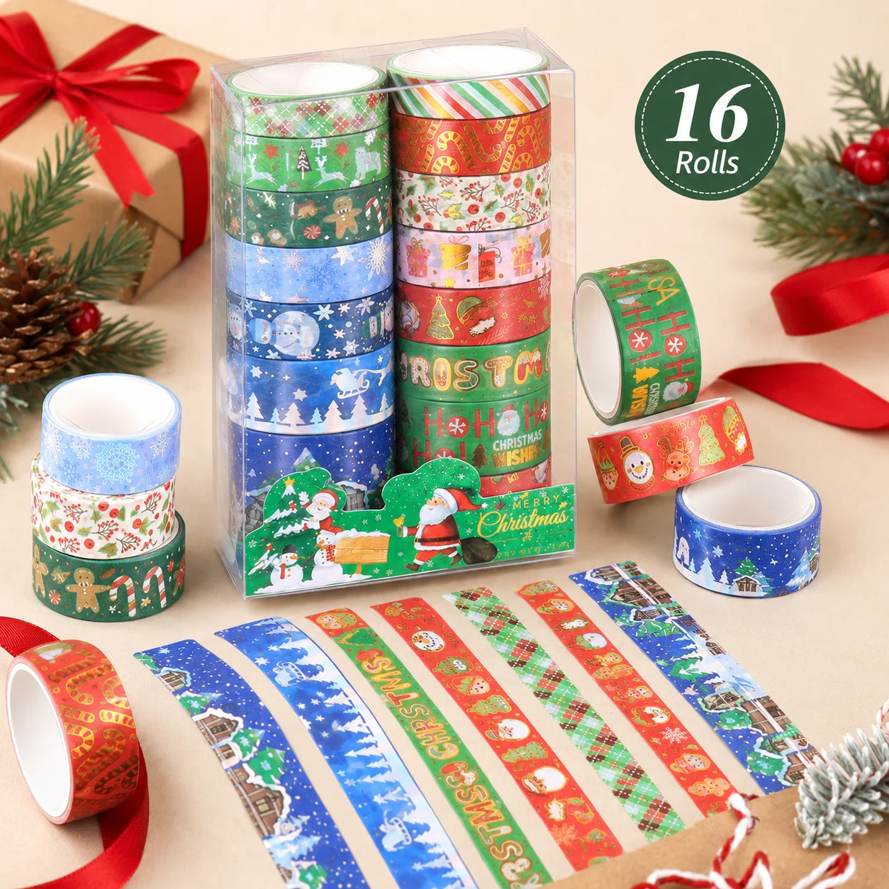 16 Rolls Christmas Washi Tape Set Assorted Holiday Decorative Masking Tape with Santa Snowman Tree Candy Patterns for Journaling