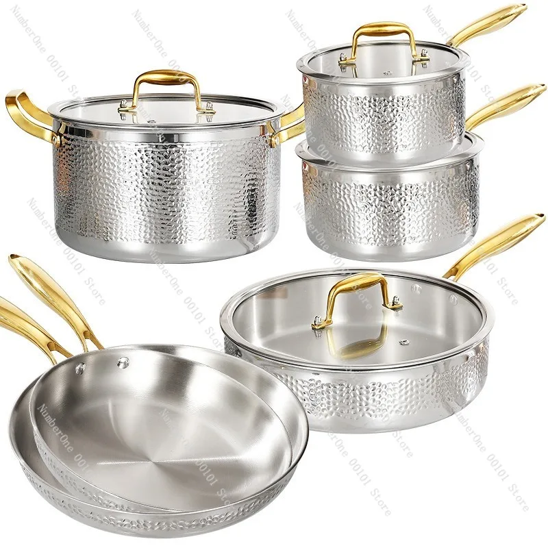 Home Kitchen 304 Stainless Steel Cookware Set Non Coated Nonstick Pot Collection Soup Pot Milk Pan Frying Pan Saute Wok Durable