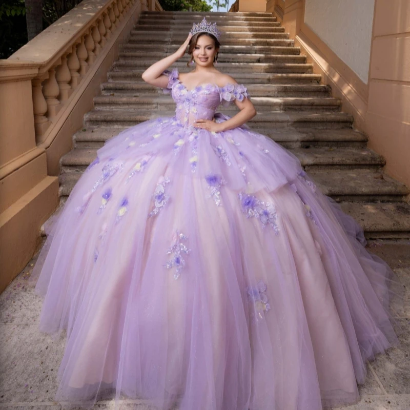 

Сиреневые блестящие платья для выпускного бала с открытыми плечами, аппликациями в виде цветов, бисером, кристаллами, бантом, тюлевым корсетом, для вечеринки, дня рождения, на 16-летие