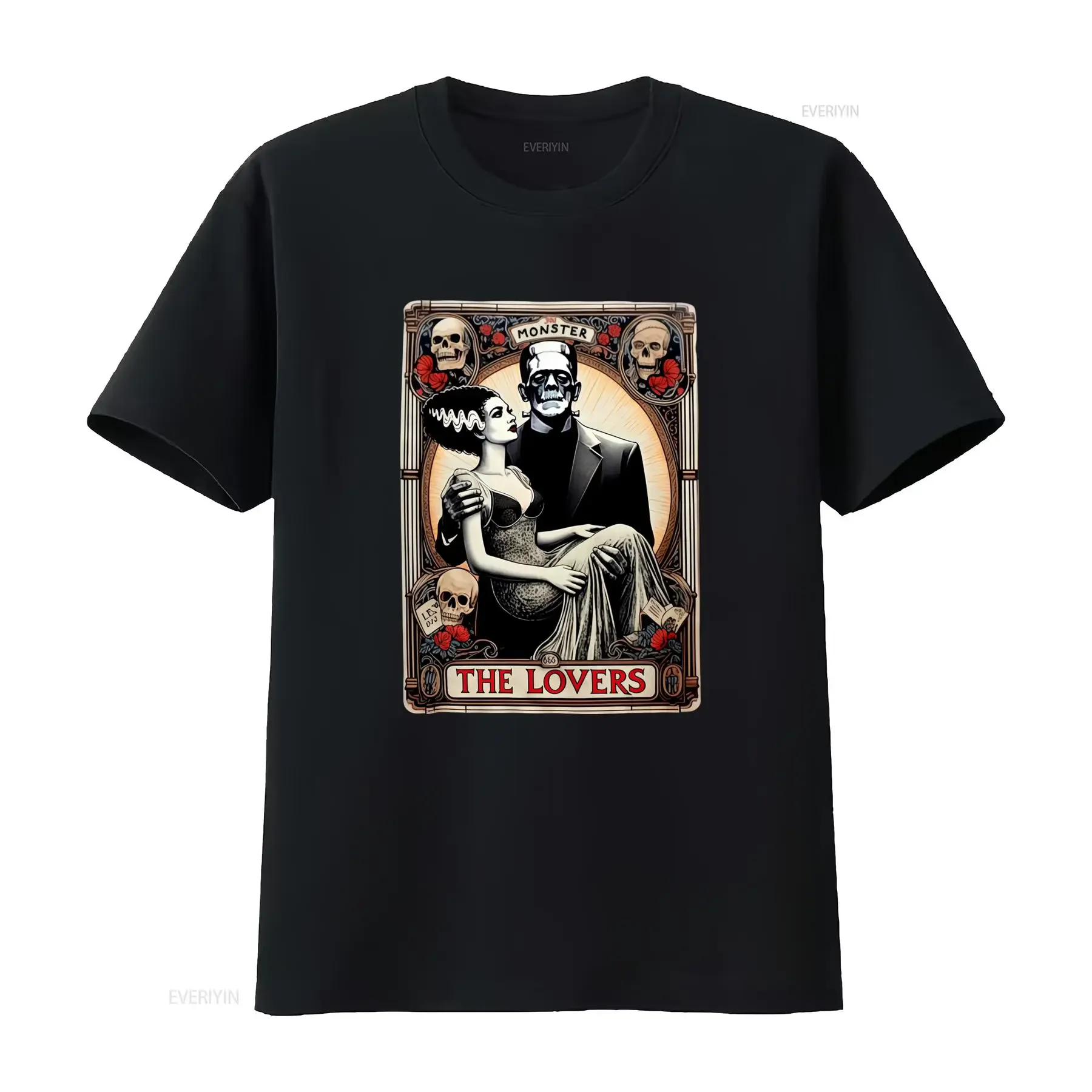 Horror The Lovers Tarot Card Design Frankenstein And Bride T-Shirt für Vintage Washed Fashion Streetwear Designer-Kleidung