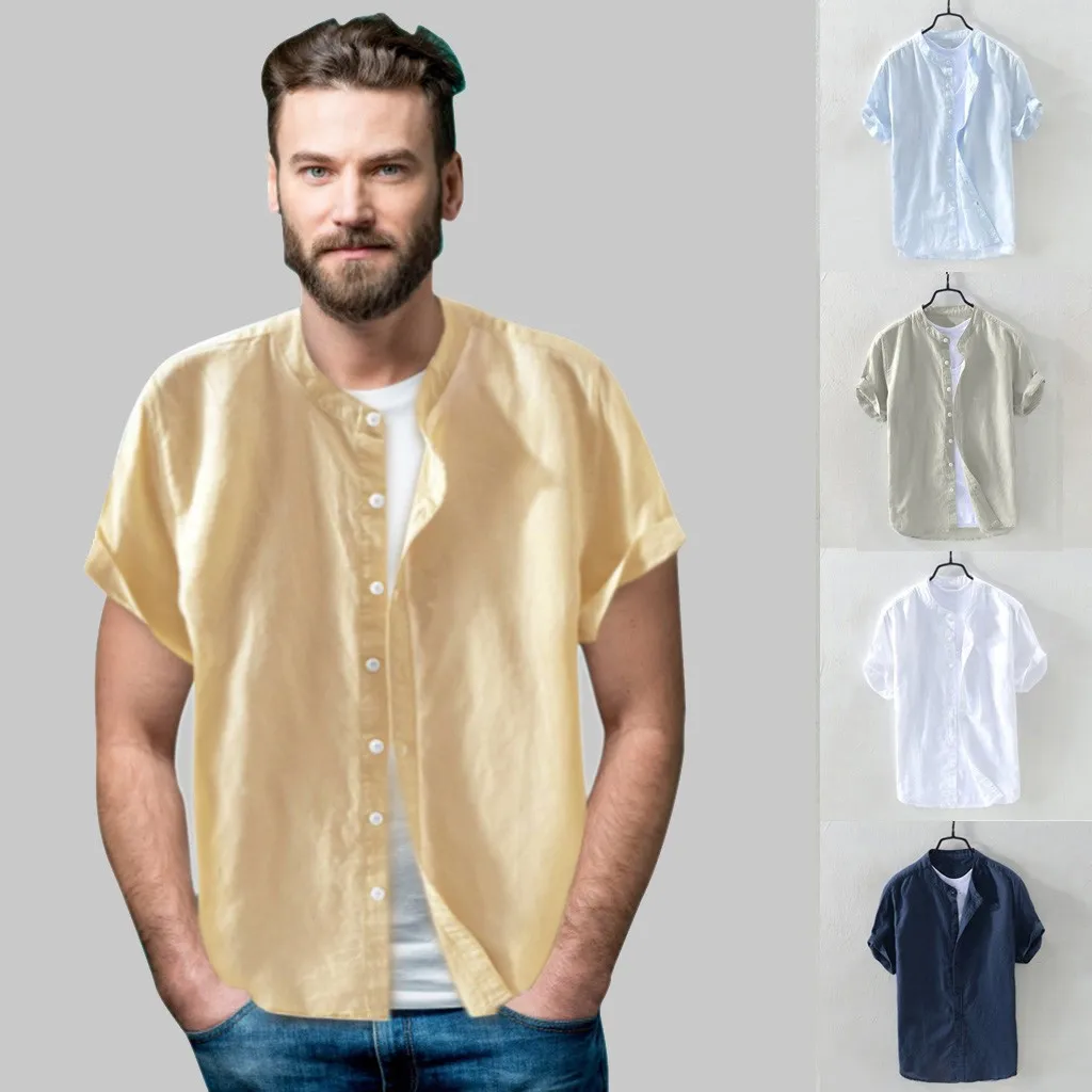 2023 New Men\'s Casual Blouse Cotton Linen Shirt Loose Tops Short Sleeve Tee Shirt Summer Daily Casual Handsome Men\'s Shirt Blusa