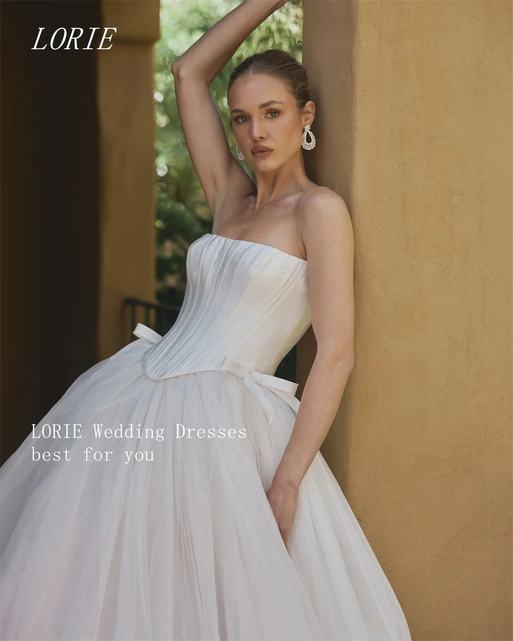 LORIE فستان زفاف فاخر بدون أكمام على شكل حرف A فساتين زفاف كلاسيكية بدون حمالات أنيقة بفيونكة ثوب زفاف مخصص 2026