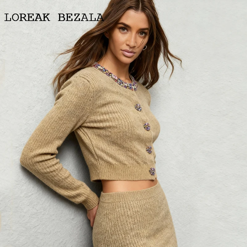 

Вязаный кардиган, свитер, эластичный светский пиджак, весенне-осенний женский вязаный топ с бриллиантовым декором