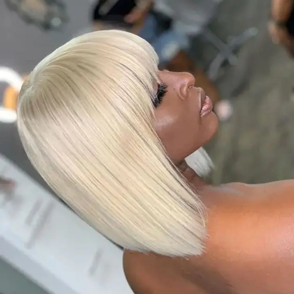 613 Blonde Short Bone Straight Bob Human Hair Wig With Bangs For Women Brazilian Remy Hair Blonde Wig for Women 613 Machine Made