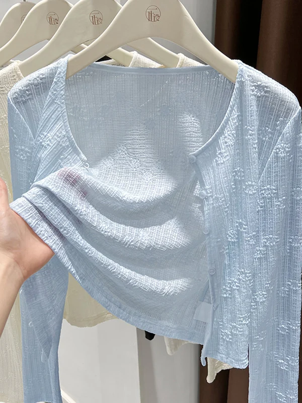 

Ice Silk Knitted Open Cardigan Women's Summer Outerwear Thin Lace Sun Protection Coat with Strap Dress Long Sleeve round Neck...