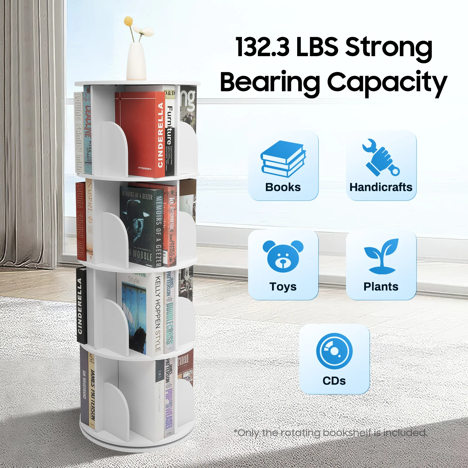 

4-Tier Rotating Bookshelf Saving Space Free-standing White Book Cabinet 360°Display Floor Standing Storage Rack Furniture