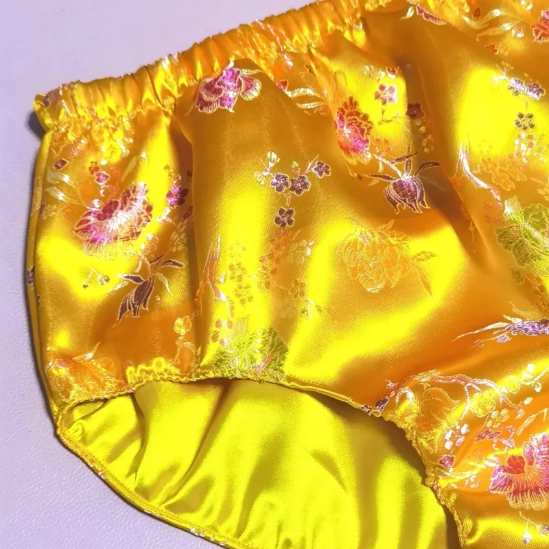 Sexy adult man Glossy Floral Printing Golden Soft Silky Touch Smooth Briefs Lining Sheath Panties BF FKK Private Party Costume