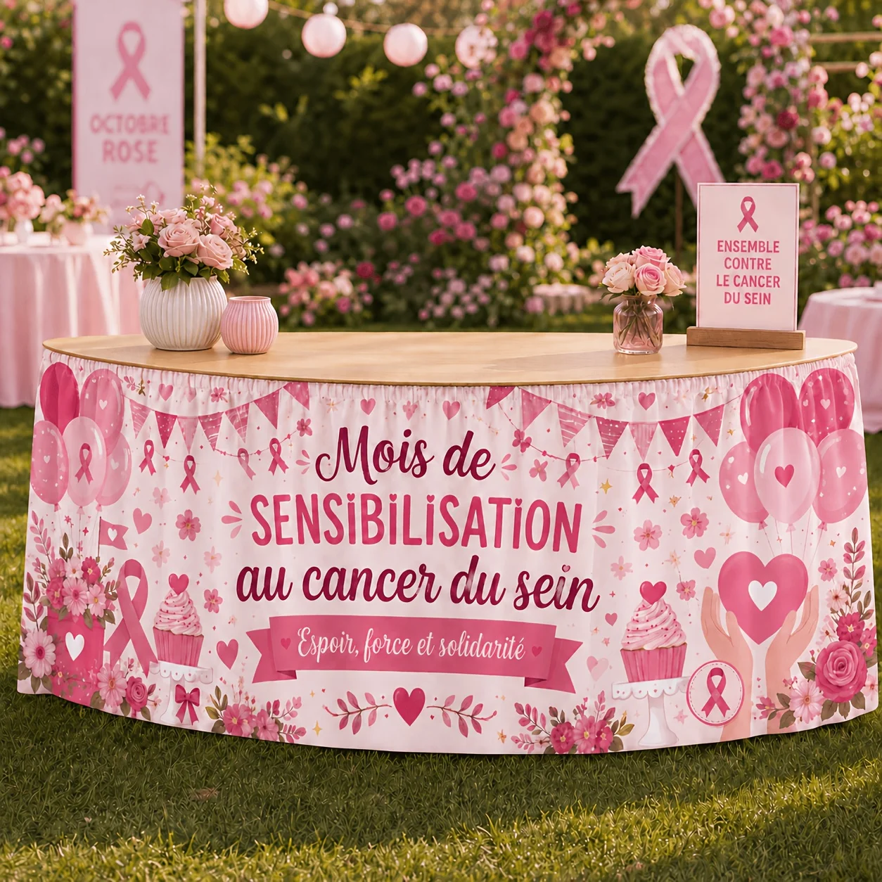 Party table skirt 1 piece, pink ribbon breast cancer awareness table cover, table skirt, floral balloon cupcake pattern