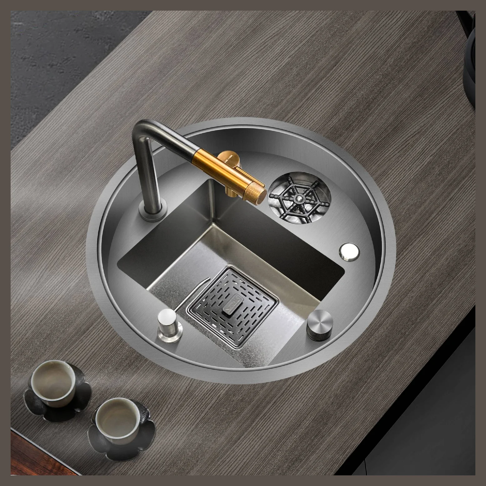 小型丸型手作りステンレス製ワークステーションシンク、カップウォッシャー付き隠しキッチンバーシンク