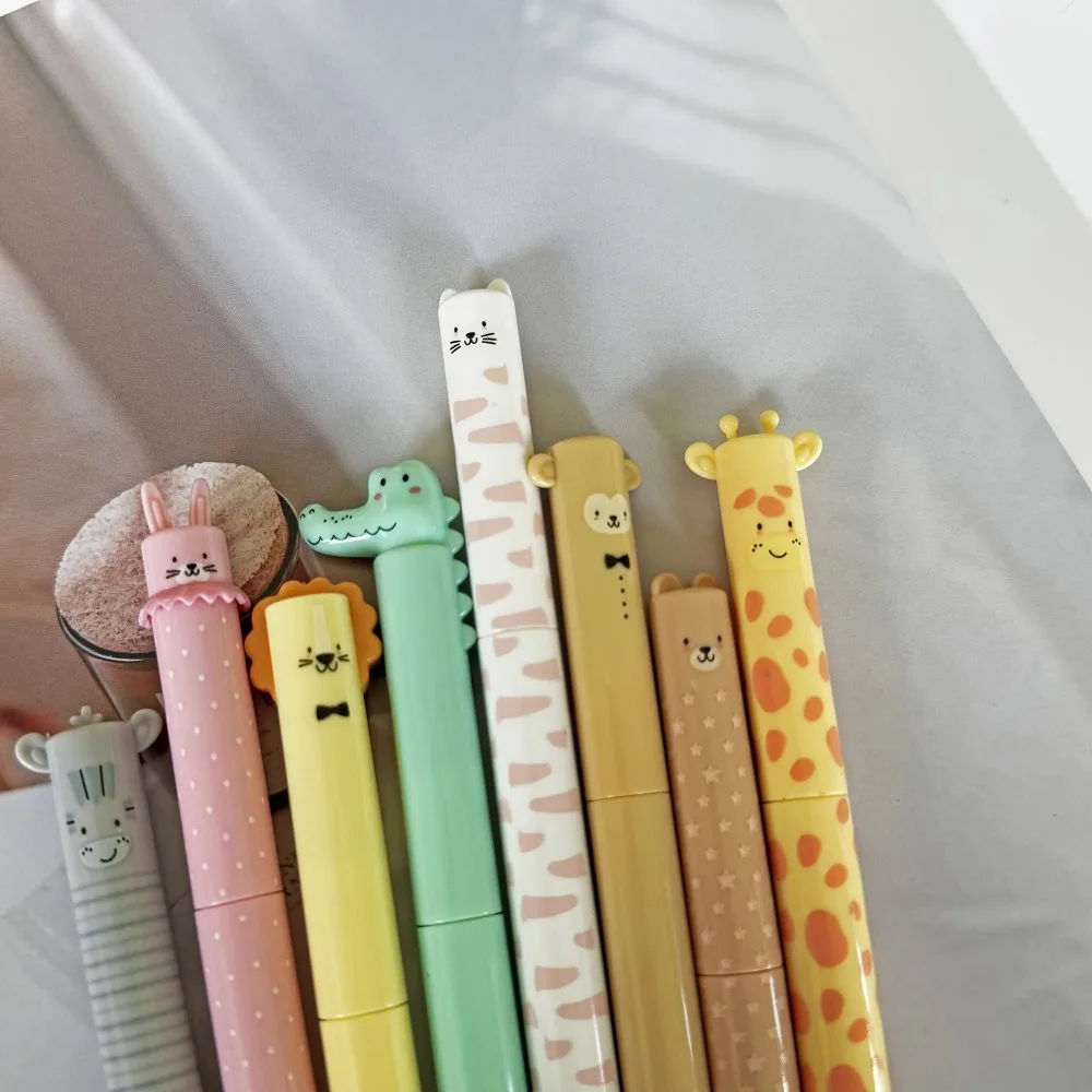 8pcs Kawaii Animal Head Press Down Pen Cute Cartoon Giraffe Lion Dinosaur Gel Pen for School Office Stationery Supplies