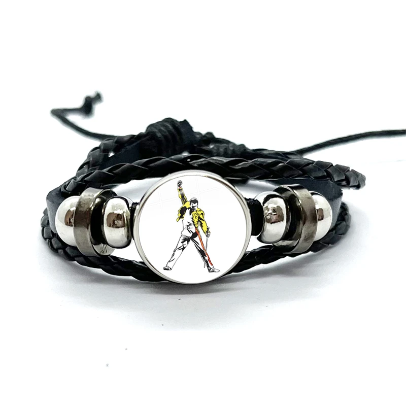 Queen Freddie Mercury Rock Star Leather Bracelets Glass Dome Multilayer Braided Bracelets Bangles Handmade Jewelry Gifts