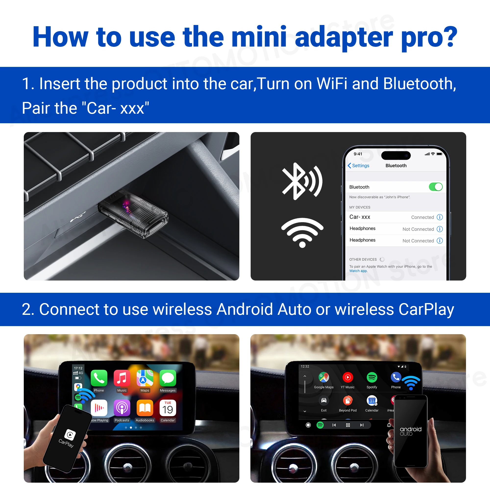 OTTOMOTION MINI Wireless CarPlay Android Auto Adapter 2 in 1 for Spotify Car Accessories for Toyota VW Renault Ford Benz Opel