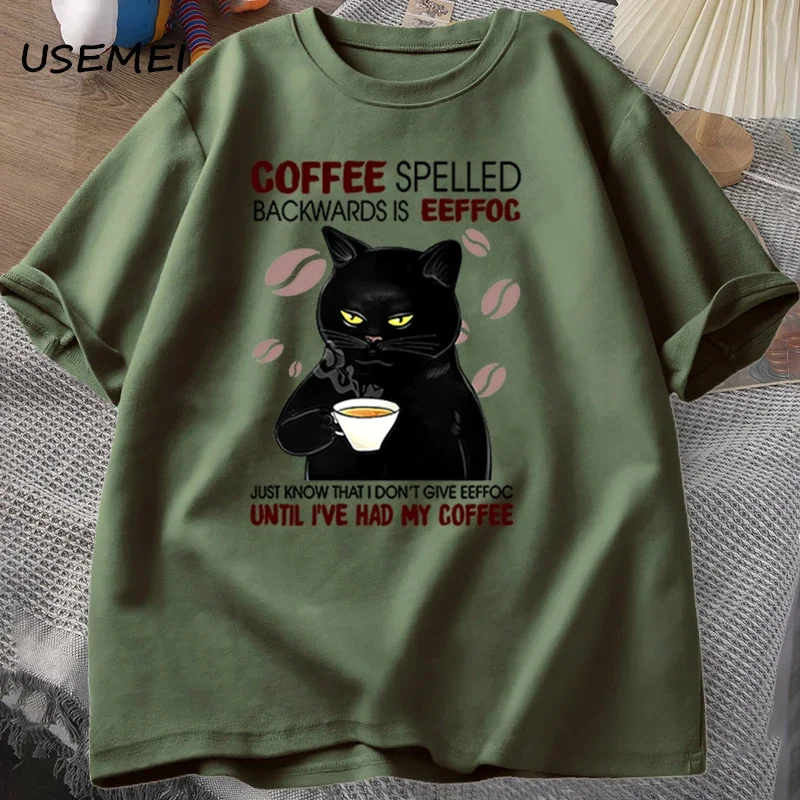 Coffee Spelled Backwards Cat T-shirt Funny Cute Graphic Tees Summer Unisex Cotton ONcek T Shirt Oversized Mens Clothes oversized