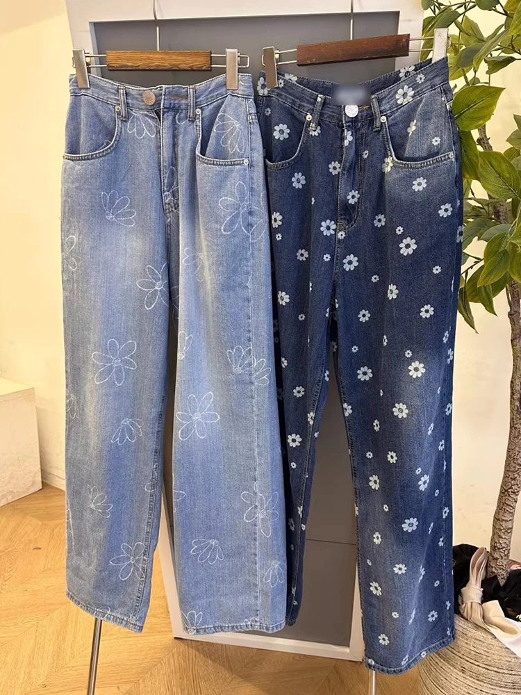 

Chic Summer Vintage Daisy Print High Waist Slimming Wide Leg Jeans Women's Faionable Versatile Long Pants Casual Denim