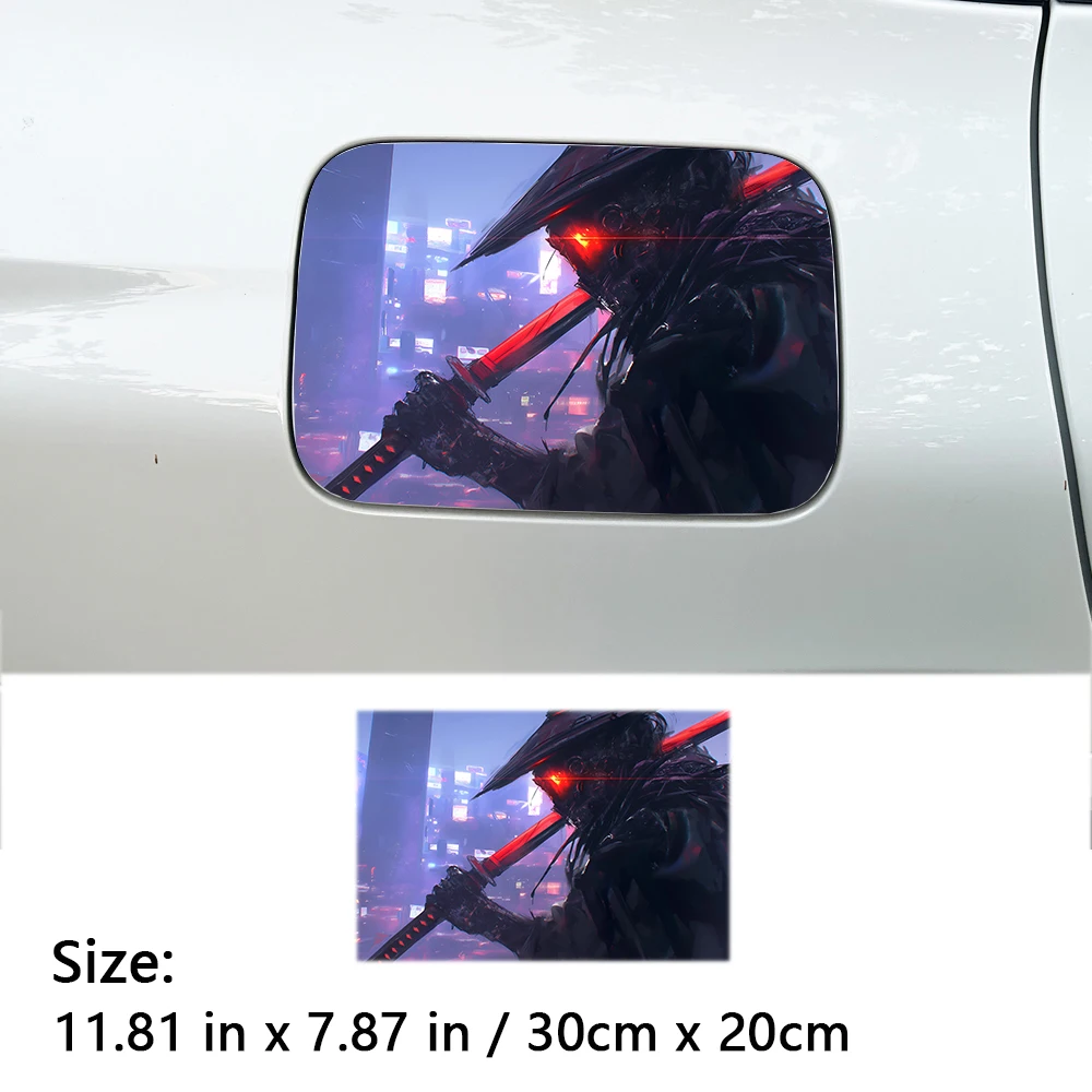 1PC Neo-Tokyo Dark Ronin With Red Katana Car Fuel Tank Sticker PET Waterproof Anime Auto Fuel Cap Custom Exterior Decal view 3