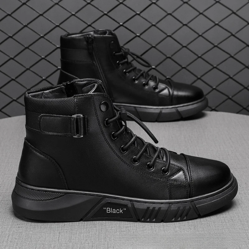 Man Classic Black Leather Boots Winter Waterproof No-slip High-top Sneakers Fashion Male Motorcycle Boots Men's Ankle Boot Botas