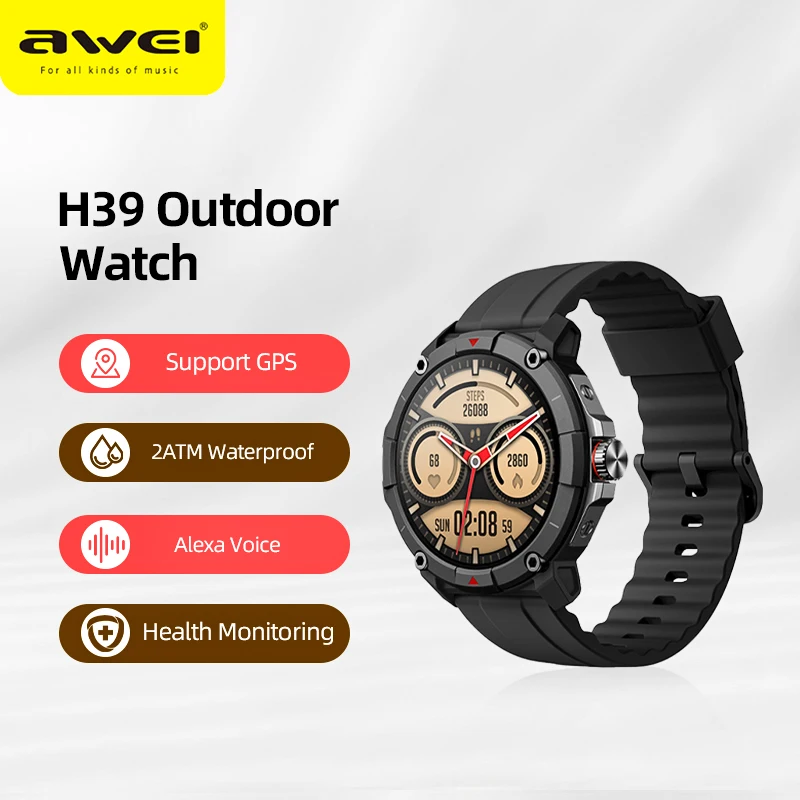 Awei GPS Outdoor Smart Watches H39 Sports Smartwatch Blood Pressure Oxygen Monitoring Bluetooth Call Smart Watch 2ATM Waterproof