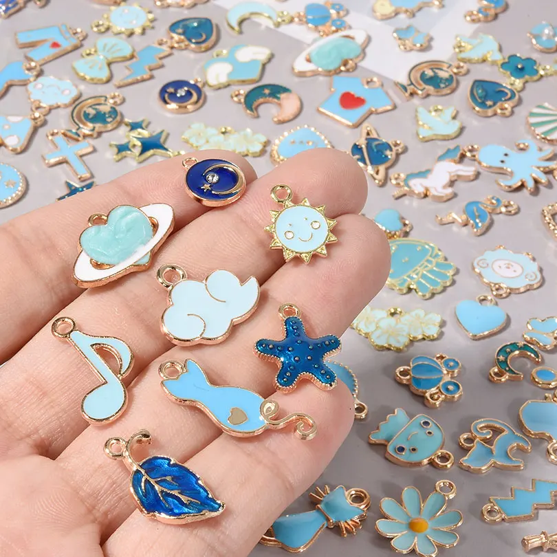 10/30/50/70PCS Random Mixed Enamel Blue Color Alloy Charms Flower Crown Pendant For DIY Earrings Bracelet Jewelry Accessories