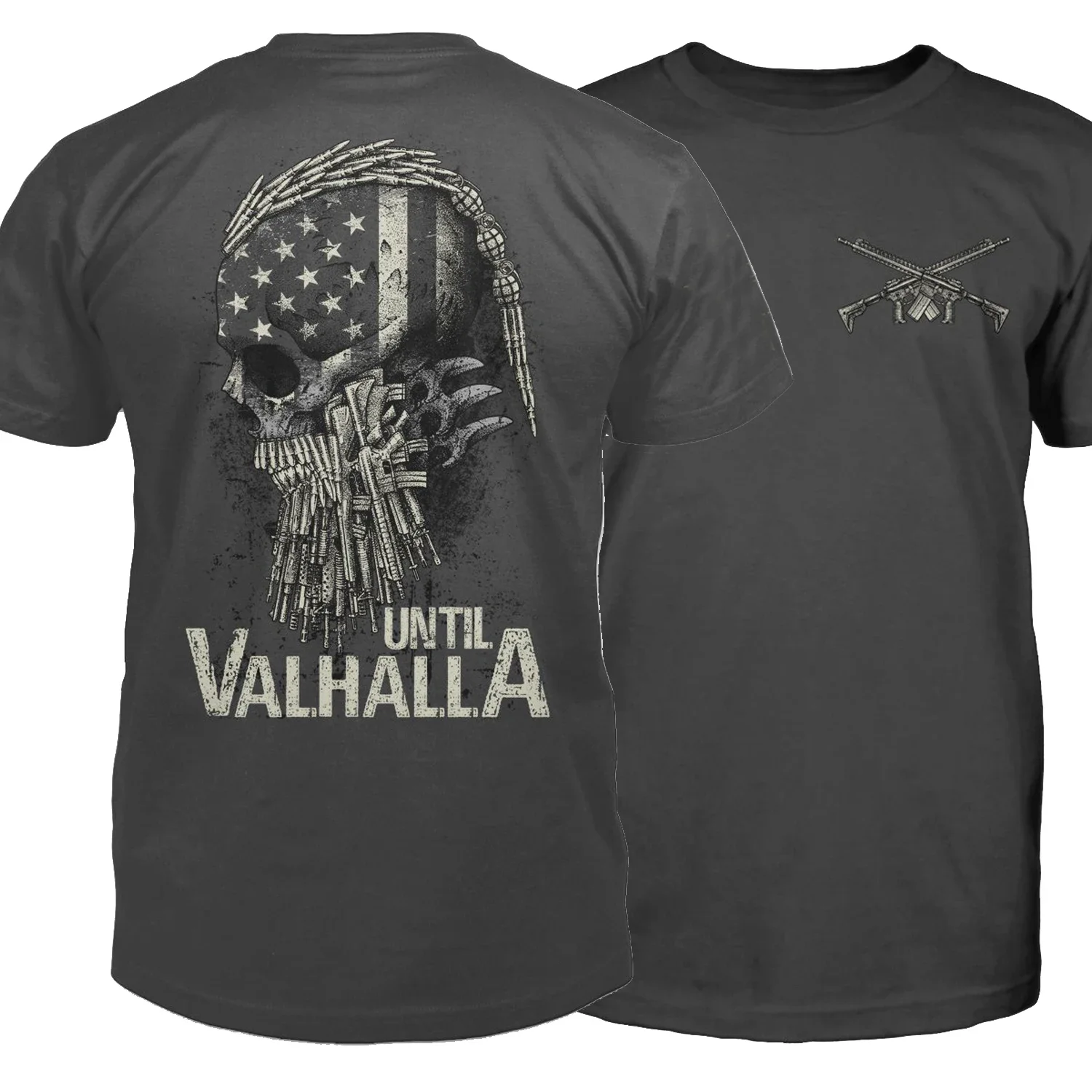 

Until Valhalla. Weapons and Ammunition American Flag Skull T-Shirt. 100% Cotton Short Sleeve O-Neck Mens T Shirt S-3XL