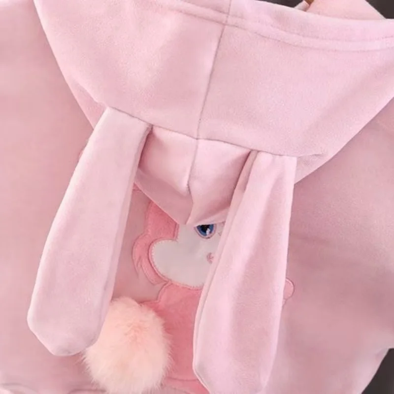 الخريف الشتاء طفل الفتيات سميكة الملابس الزي الكرتون أرنب الأذن جاكت مزود بغطاء للرأس السراويل 2 قطعة الصوف الدفء الرضع عادية