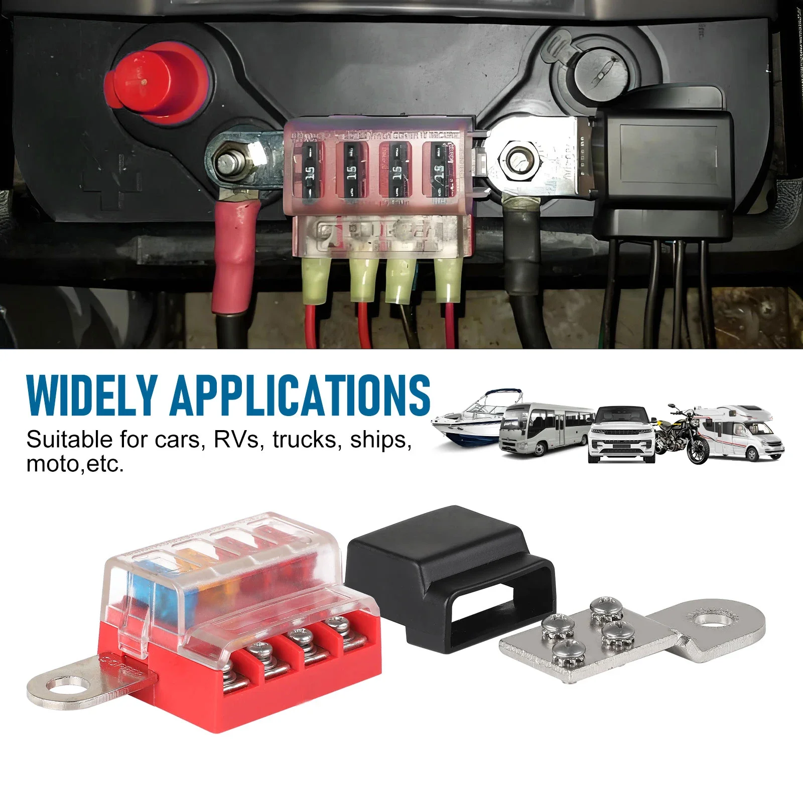 

M10 100A 32V 4 Circuit ST Blade Fuse Block Kit with Battery Terminal Mount Busbar for Car Yacht Truck Boating Equipment