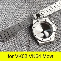 316L Steel 42mm Square Watch Case Fit Quartz VK63 VK64 Movement Waterproof Flat Sapphire Crystal Bracelet Set Watch Repair Part