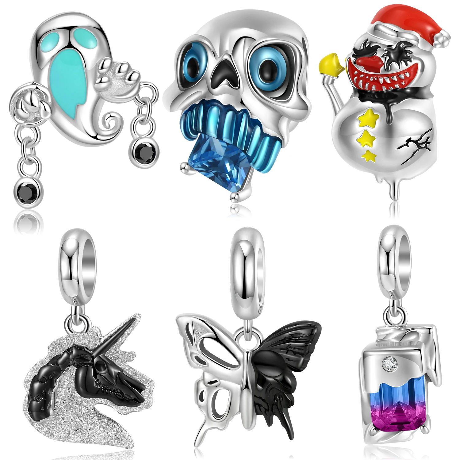 

Original 925 Sterling Silver Blue Skull Clown Snowman Black Butterfly Charm Pendant Fit Women Bracelet Bangle Christmas Gift