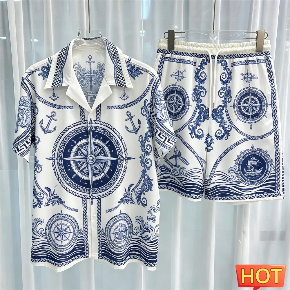 Sailor Pattern Men's Shirt Set Fashion Lapel Short Sleeve and Shorts 2 Piece Outfit Summer Casual Loose Tee Suit Luxury Clothing view 6