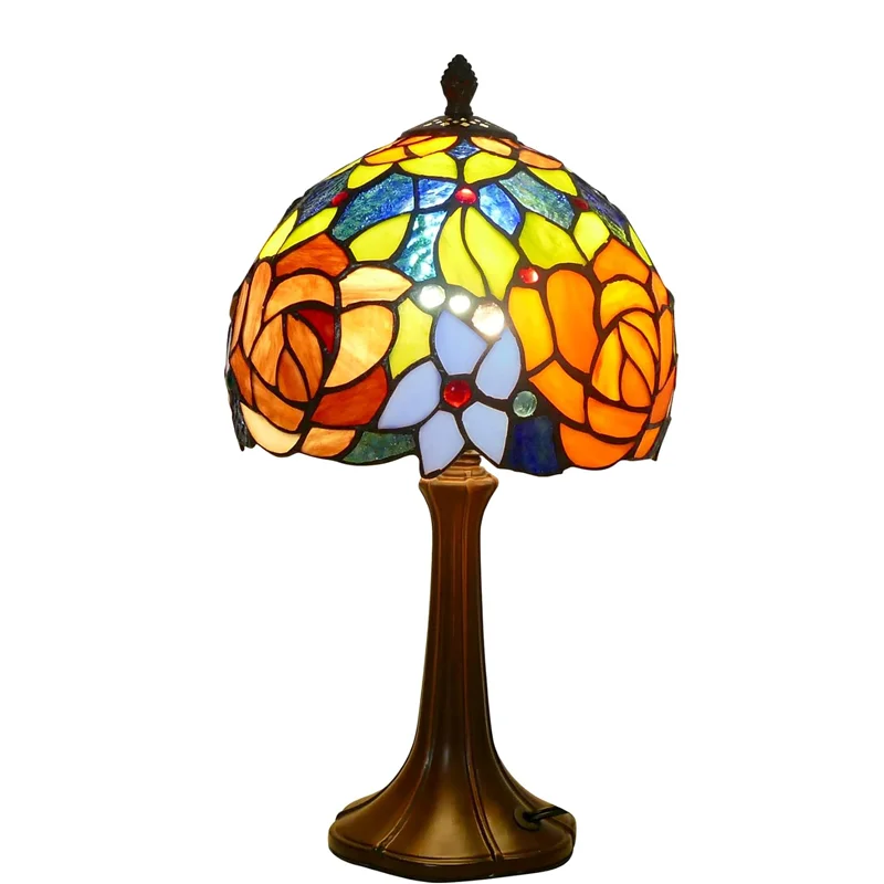 

Tiffany Table Lamp Romantic Double-Color Roses Handmade Stained Glass Desk Vintage Reading Lamp for Office, Living Room, Bedroom