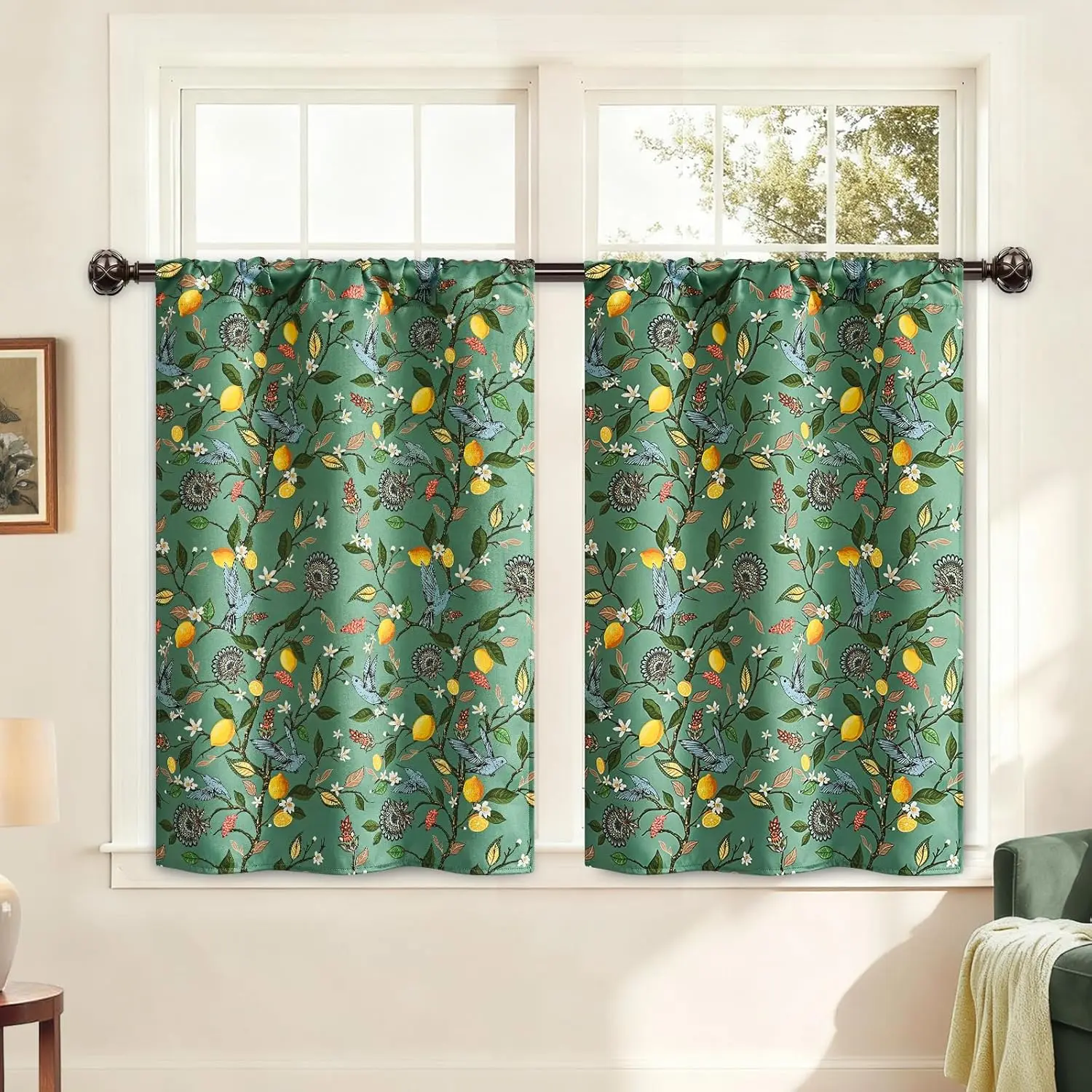 Decorative Lemon Print Curtains Green Botanical Floral Pair Window Curtain Waterproof for Living Room Bedroom Teal Citrus Patter