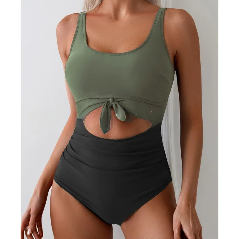 Patchwork Printing Swimwear Women Bandage Hollow Out High Waist One Piece Swimsuit 2025 New Vacation Beach Female Bathing Suit