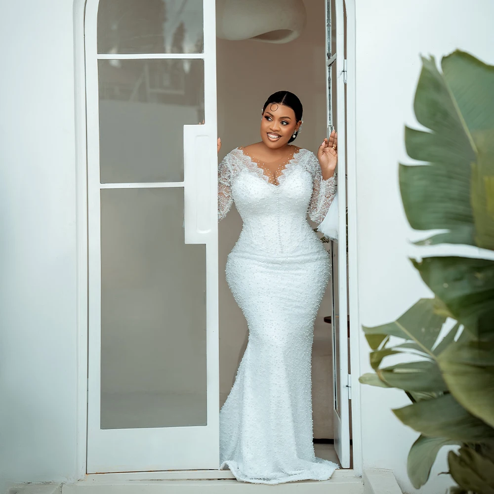 Luxury Wedding Dresses Long Sleeve V Neck Mermaid Lace Bride Dress with Beading Bow Lace African Plus Size for Bridal Customized
