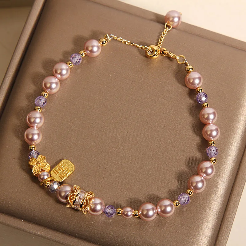 Natural Pearl Flower Purple Crystal Bracelet Women's Light Luxury Retro Bracelet