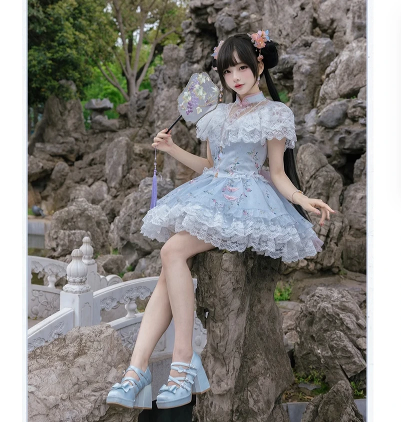 Origineel ontwerp voor meisjes met Chinese stijl bedrukte verbeterde lange cheongsam OP cheongsam broek dubbele stijl jurk