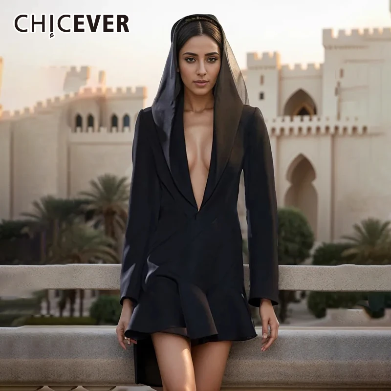 

CHICEVER Sexy Club Deep Plunge Mini Dress For Women Long Sleeve Hooded Spliced Ruffles Hem Solid Dresses Female Spring Clothing