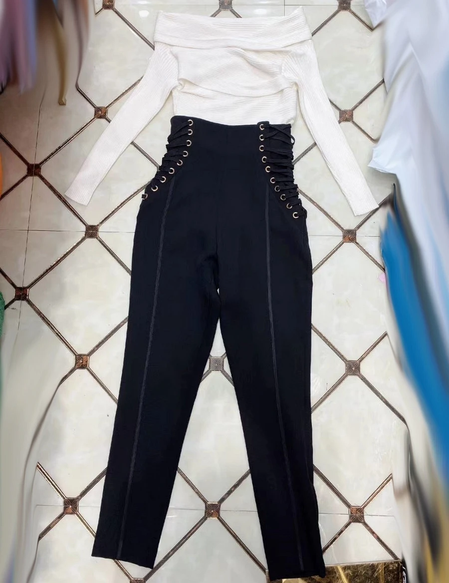 

Faionable Bla Elastic High Waist Slimming Pencil Pants Street Sle Long Trousers for Women Trendy Side Waist Tie