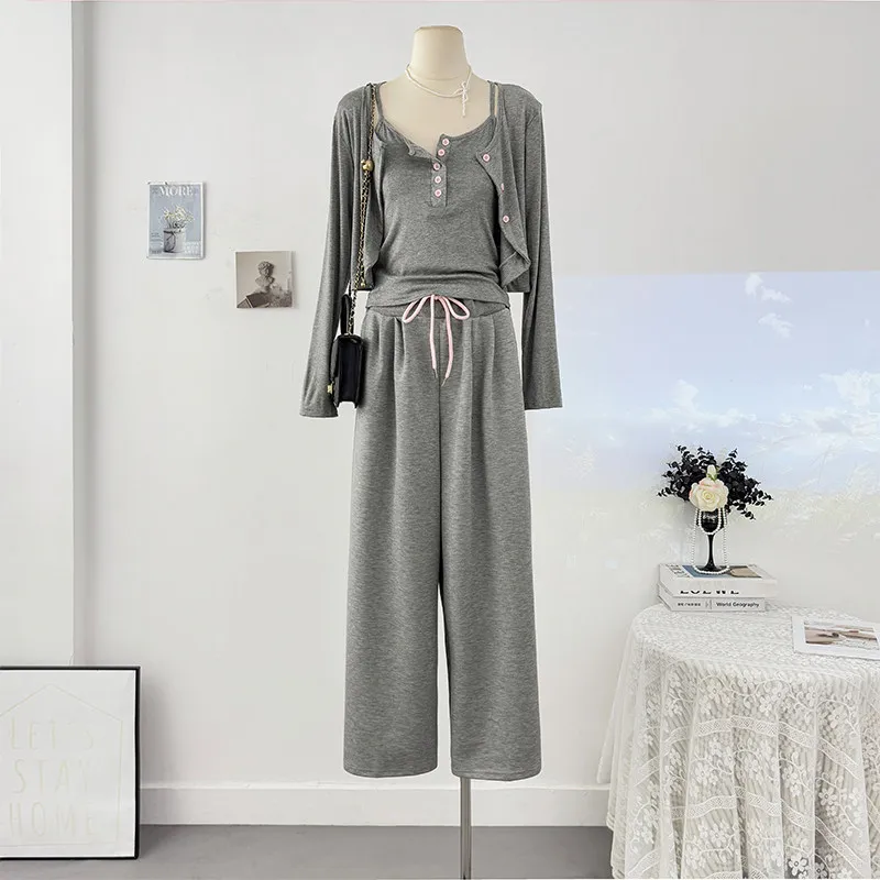 

Korean style age reducing camisole vest+sun protection cardigan+drawstring lace-up loose wide leg casual pants three piece set