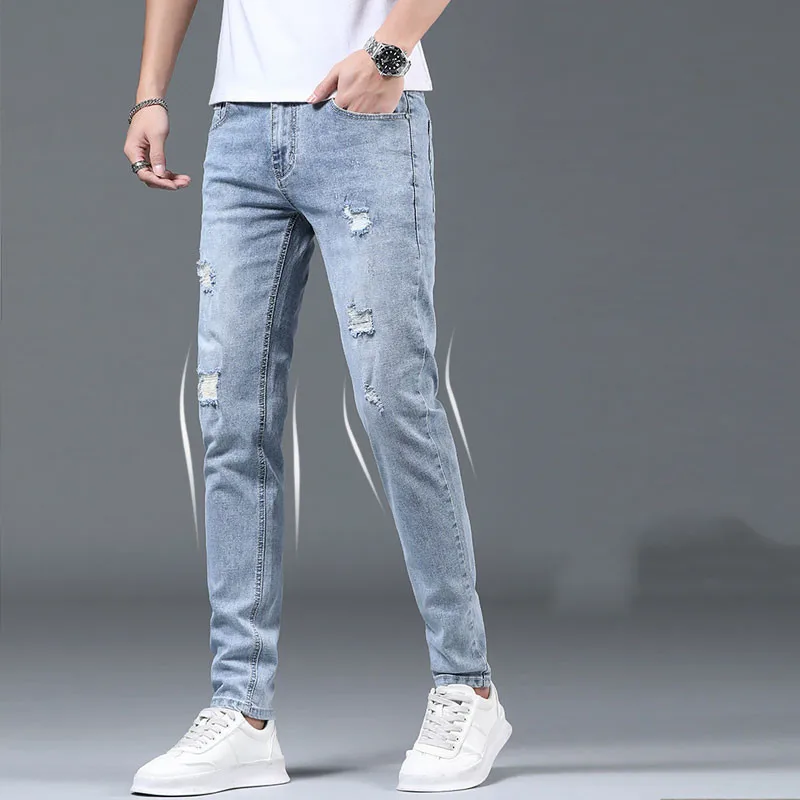 Spring Summer Stylish Korean ripped hole Stretch Men\'s Slim Work Denim Pants with Distressed Design Blue Casual Jeans Luxury Men