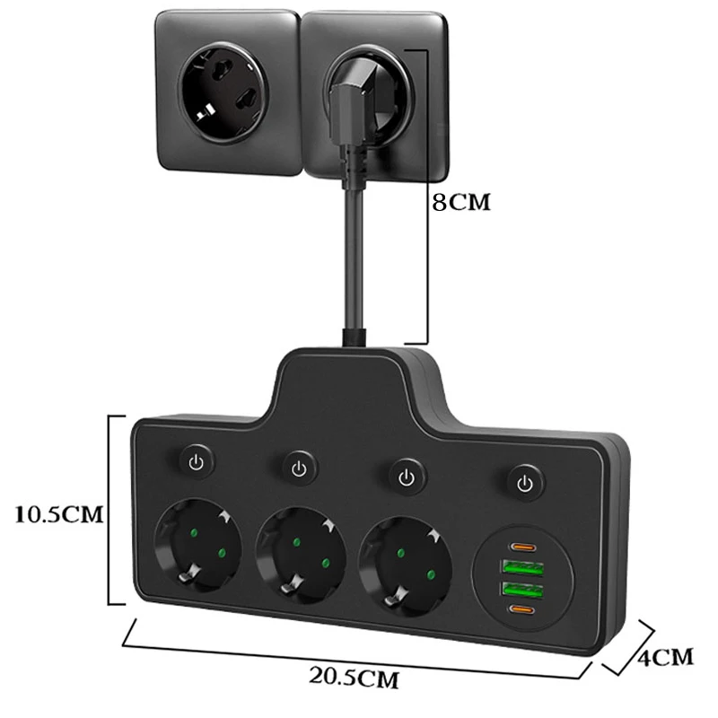 الاتحاد الأوروبي التوصيل قطاع الطاقة مع 3 منافذ التيار المتناوب + منفذ USB + نوع C محول مأخذ التوصيل شاحن الحائط للمنزل مكتب شبكة تصفية شحن سريع
