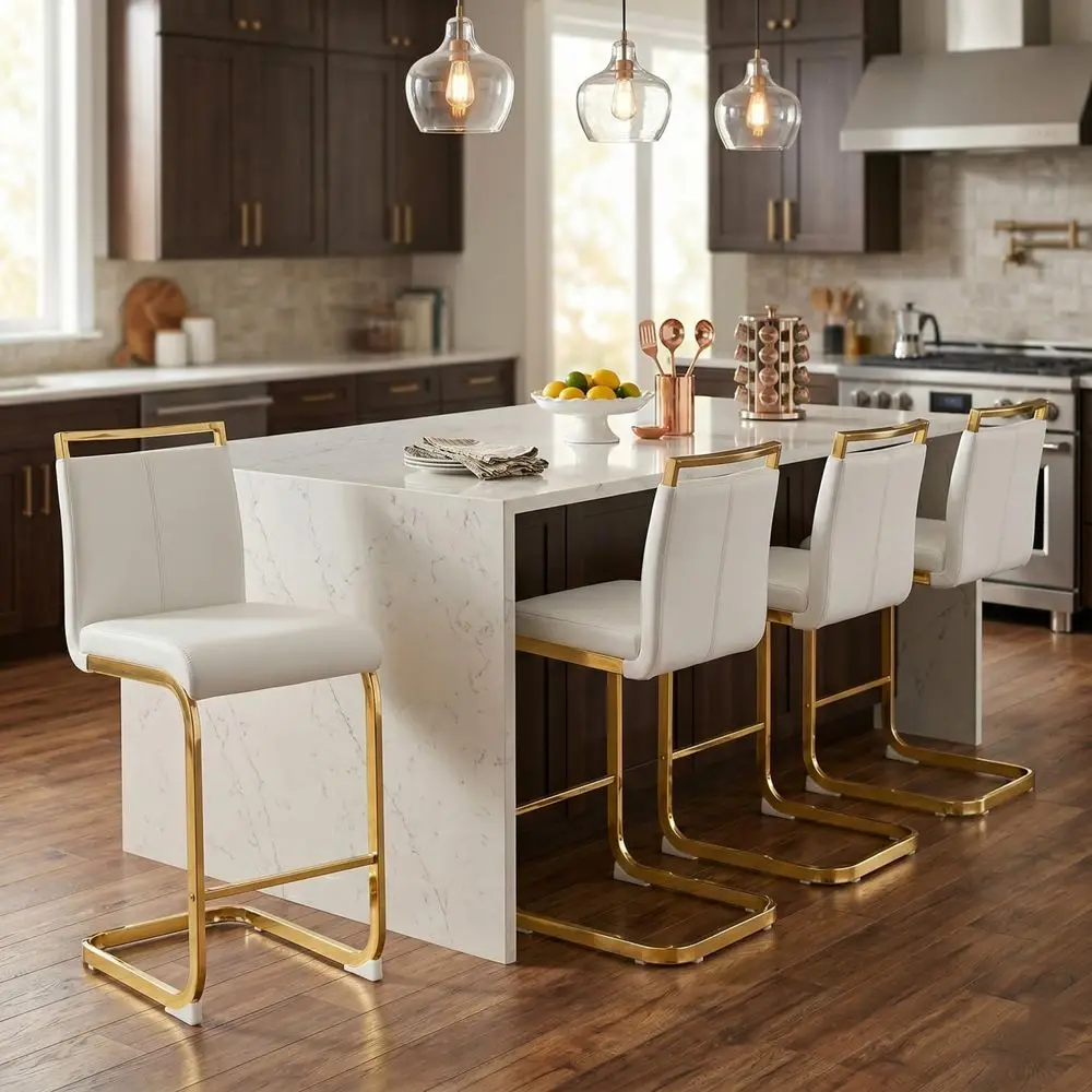 

Set of 4 Gold-Plated Metal Bar Stools, 25 White Leatherette Counter Height Chairs with Back Support for Kitchen or Pub Counter