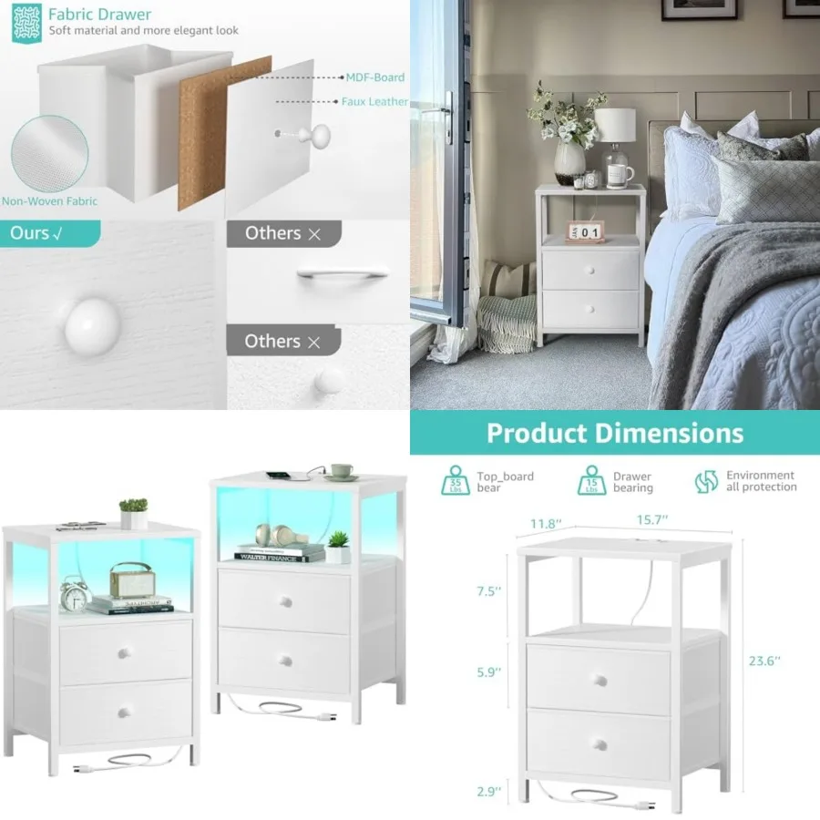 White Nightstands Set of, Bedroom Night Stand Set Two Nightstand with Charging Station and LED Light, Bedside Table with Fabric