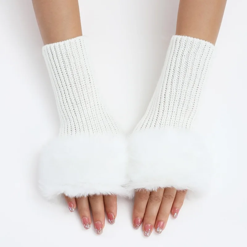 1 Pair Women Winter Warmer Gloves Knitted Warm Dew Finger Arm Cover Fingerless Rabbit Fur Gloves Arm Wrist Gants Stylish Gloves