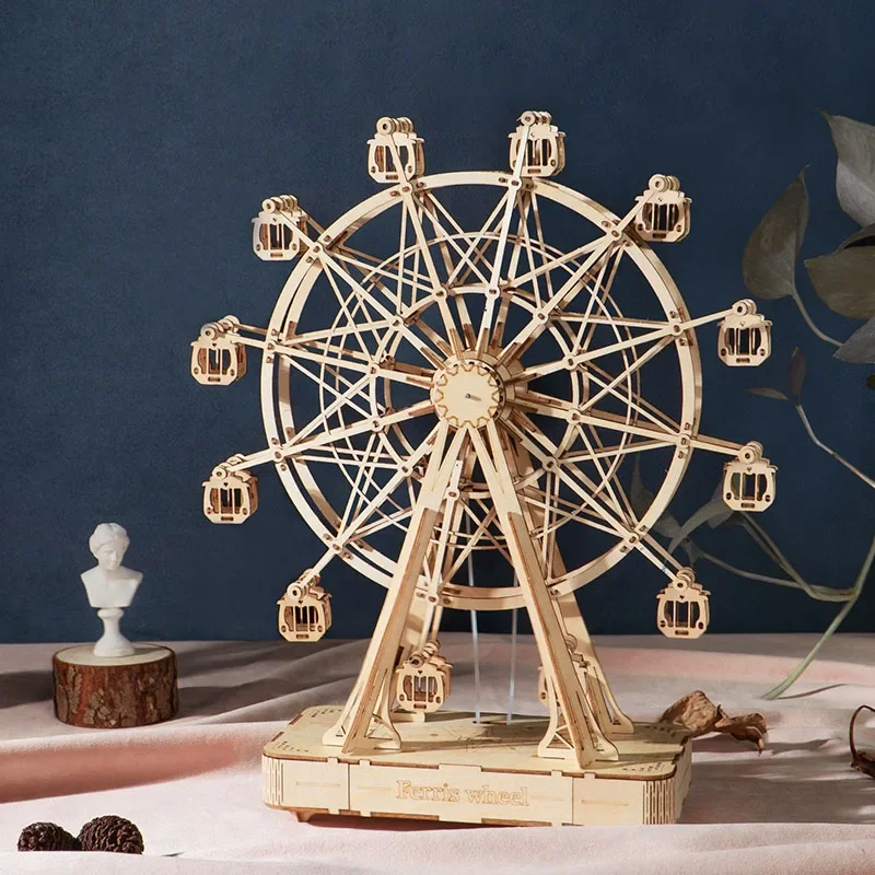 DIY Wooden Rotatable Ferris Wheel Model with Playing Music Toys for children birthday TGN01