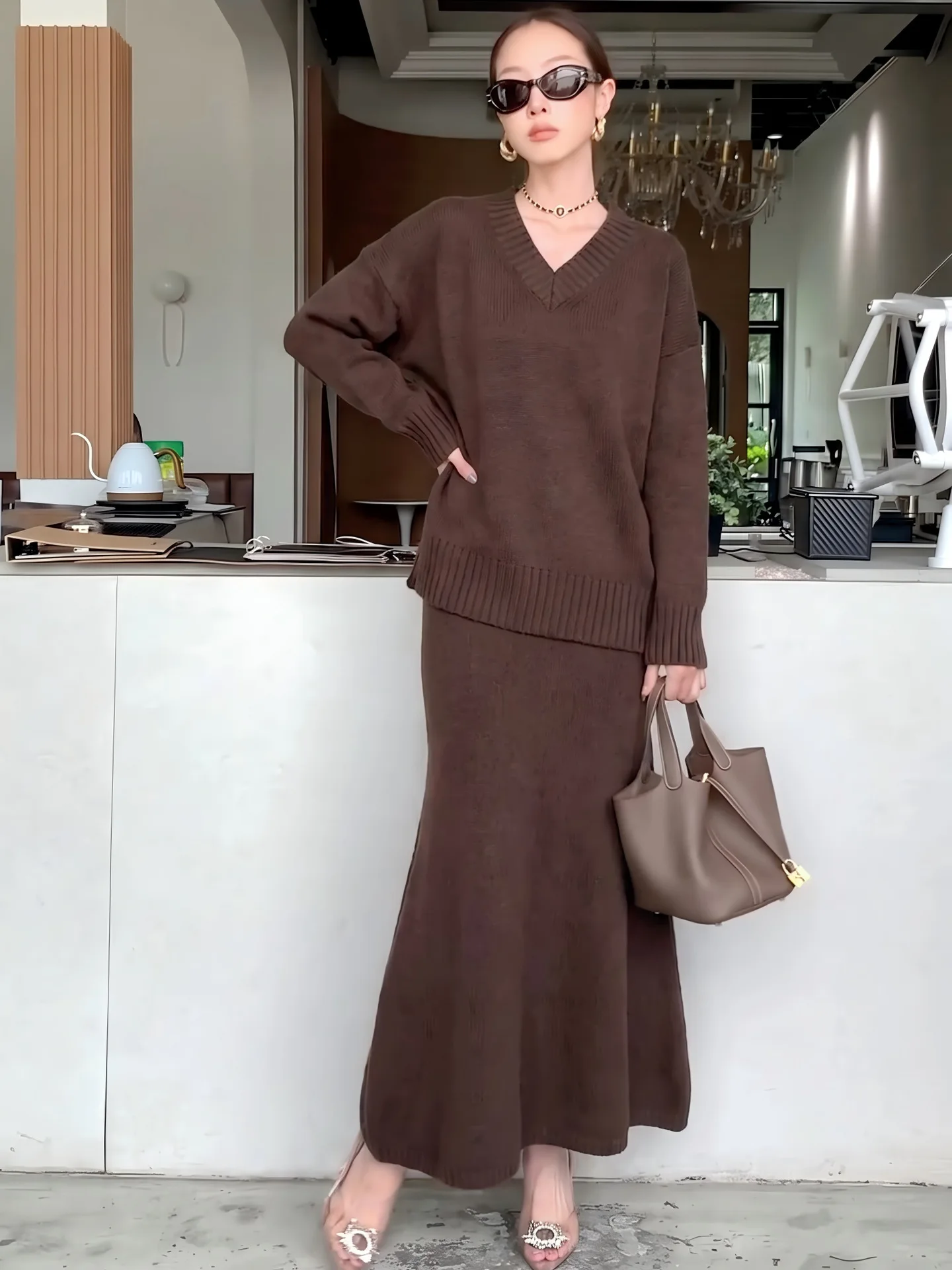 Pullover Knitted Pullover Skirt Korean Fashion Two-piece Set Vintage Knitted Sweater Set Skirt Women Winter V-neck 2 Piece Suits