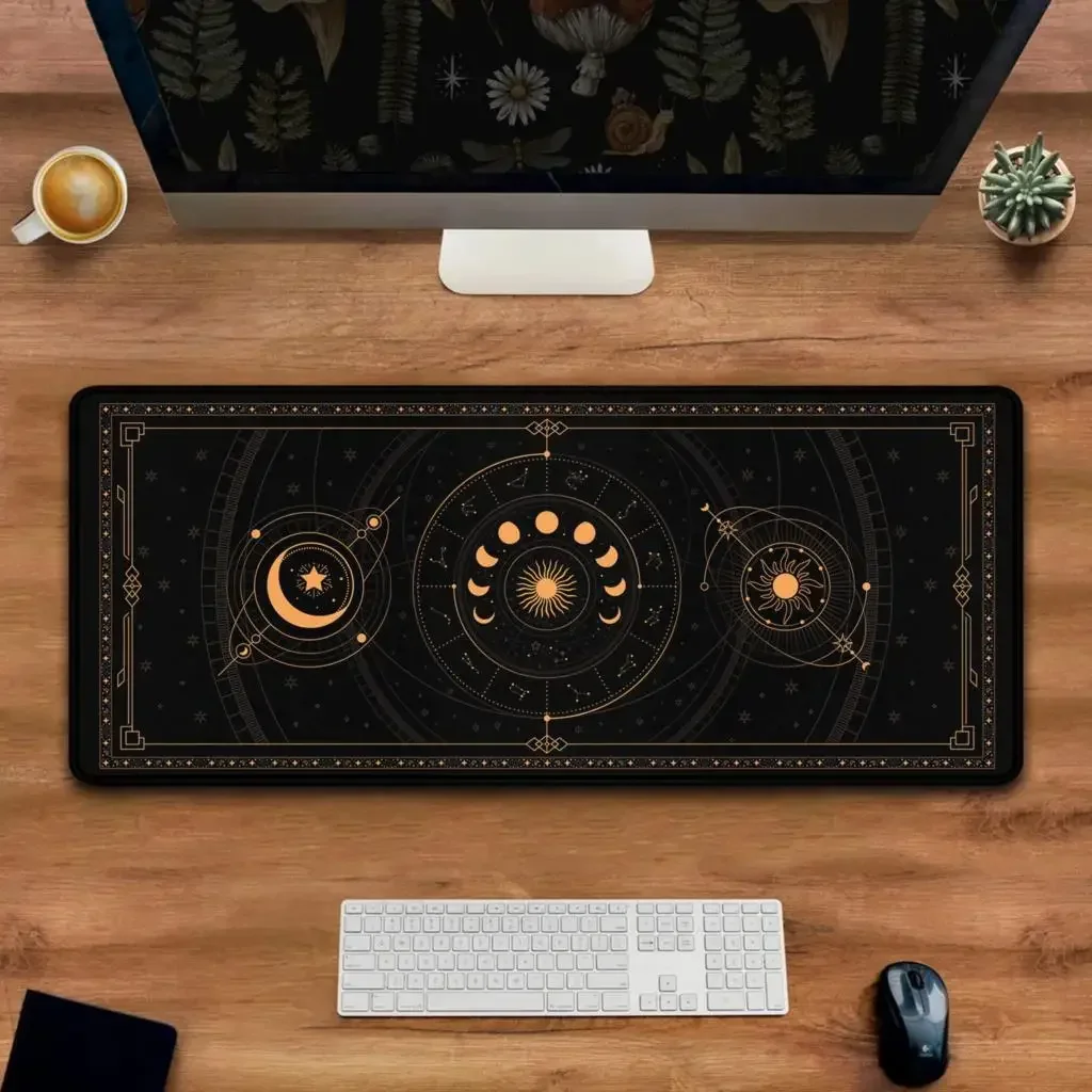 Celestial HD Mousepad XXL Astrology Moon Phase Cycle Black And Gold Stars In Space Horoscope Zodiac Desk Mat Mystical Mouse Pads